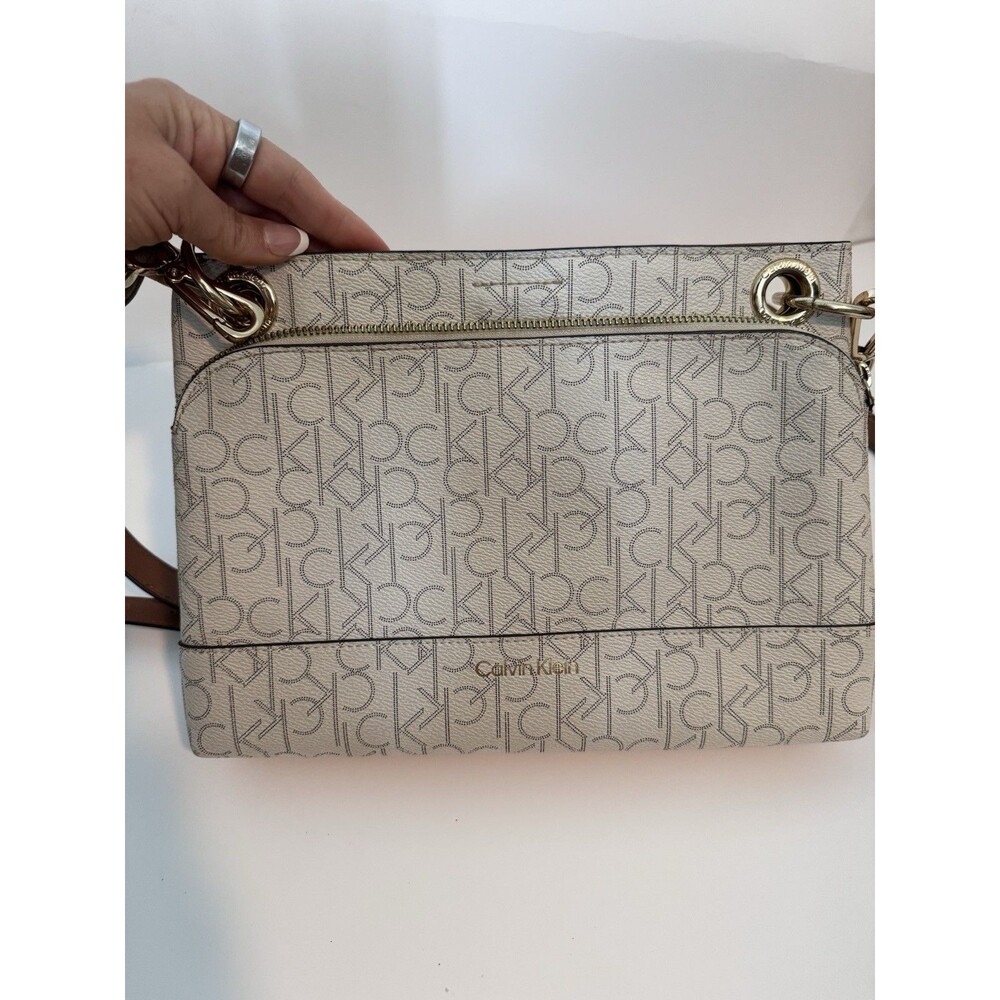 Calvin Klein Beige Monogram Crossbody Bag Medium Brown Strap Gold Hardware